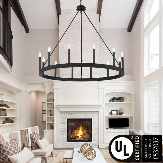 Suspension Acroma à 12 lumières, style ferme, en forme de roue de charrette de 40 pouces, avec certification UL - 40'' de diamètre x 138'' de hauteur