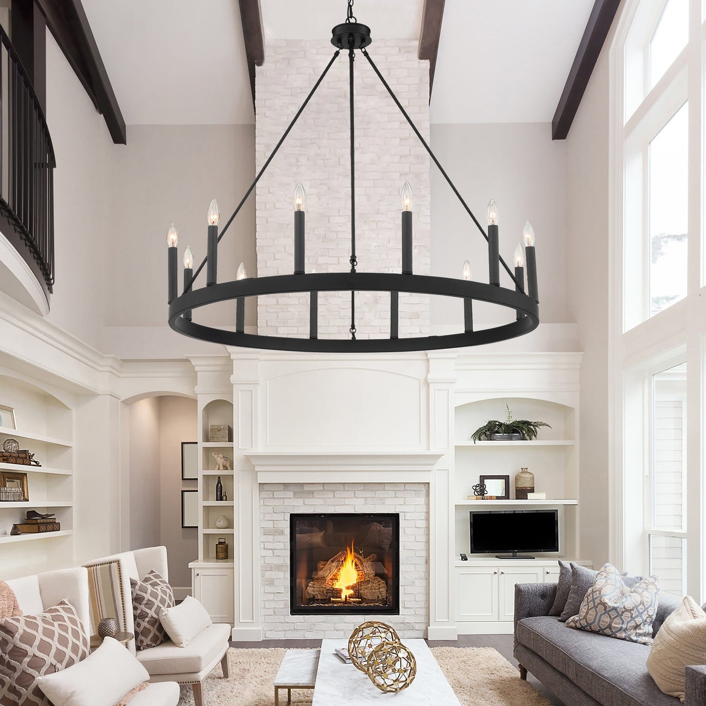 Suspension Acroma à 12 lumières, style ferme, en forme de roue de charrette de 40 pouces, avec certification UL - 40'' de diamètre x 138'' de hauteur