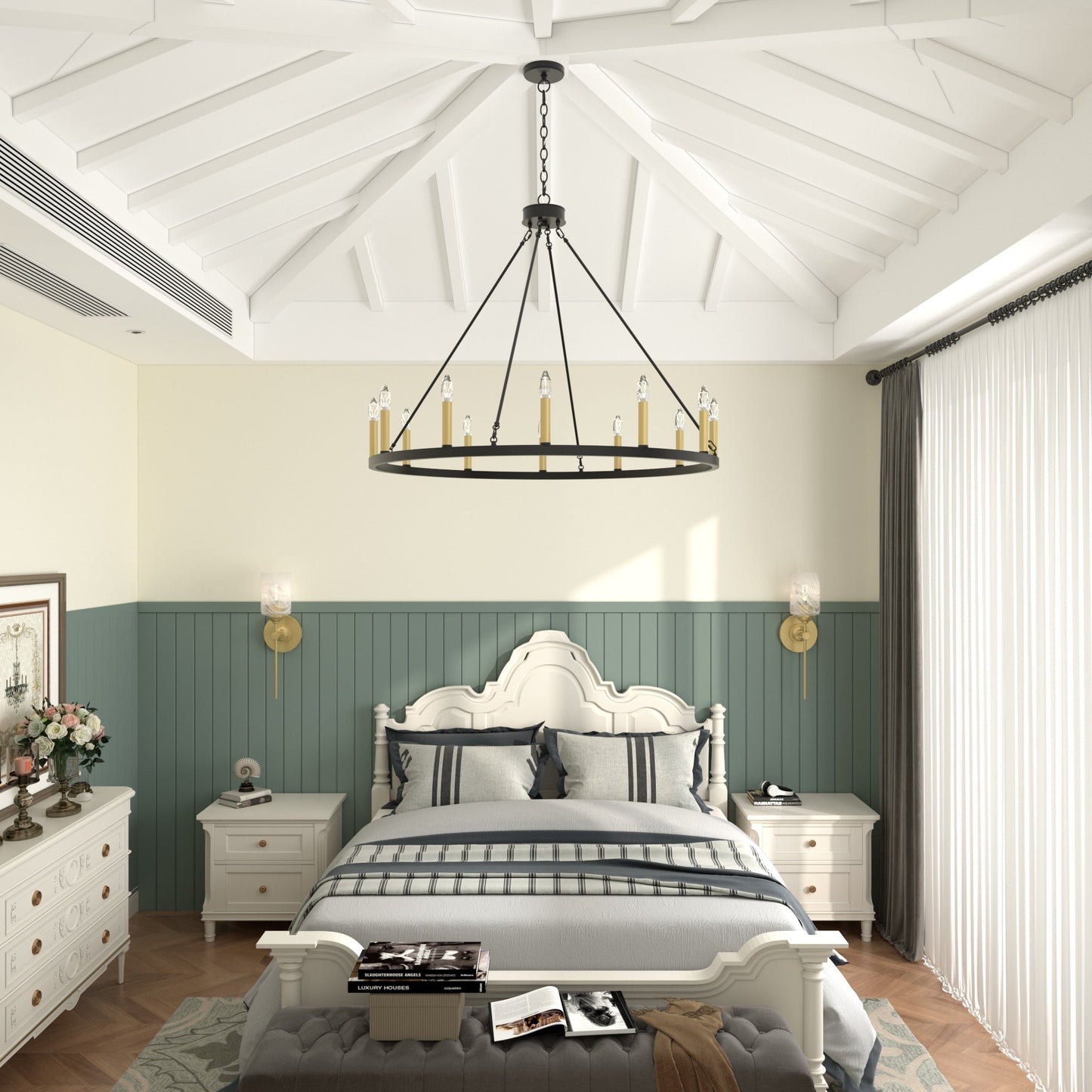 Suspension Acroma à 12 lumières, style ferme, en forme de roue de charrette de 40 pouces, avec certification UL - 40'' de diamètre x 138'' de hauteur