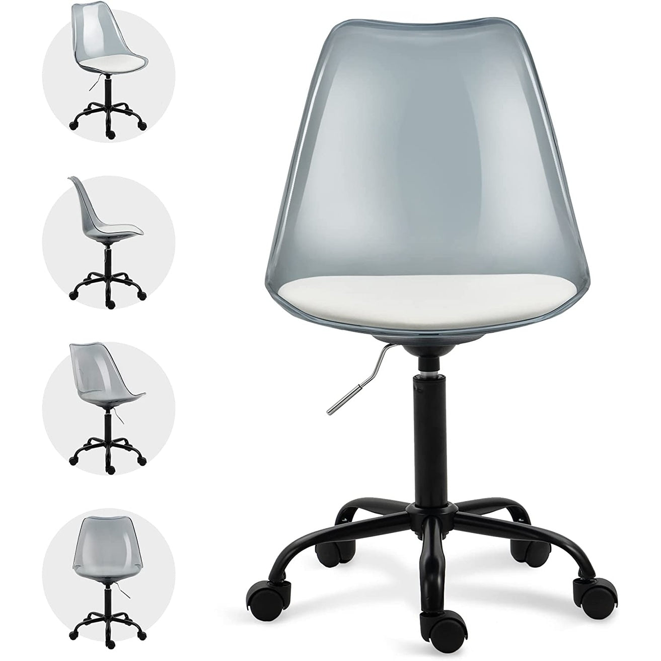 Chaise de bureau pivotante en acrylique, hauteur réglable, sans accoudoirs, sur roulettes, pour la maison.