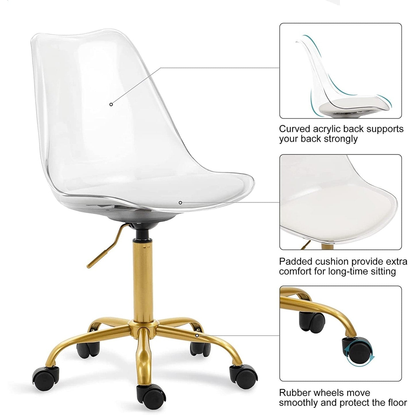 Chaise de bureau pivotante en acrylique, hauteur réglable, sans accoudoirs, sur roulettes, pour la maison.