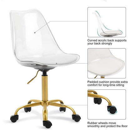 Chaise de bureau pivotante en acrylique, hauteur réglable, sans accoudoirs, sur roulettes, pour la maison.