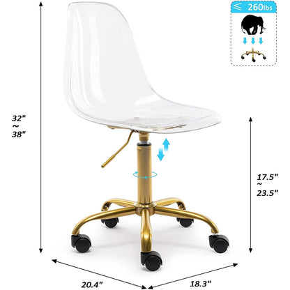Chaise de bureau pivotante en acrylique, hauteur réglable, sans accoudoirs, sur roulettes, pour la maison.