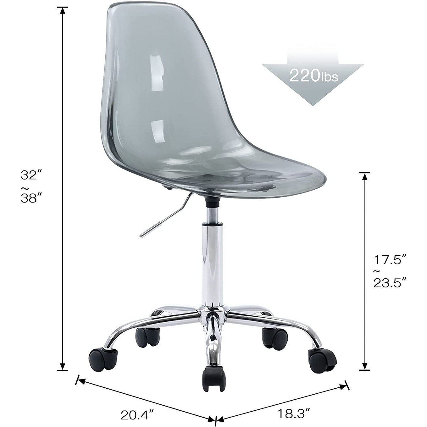 Chaise de bureau pivotante en acrylique, hauteur réglable, sans accoudoirs, sur roulettes, pour la maison.
