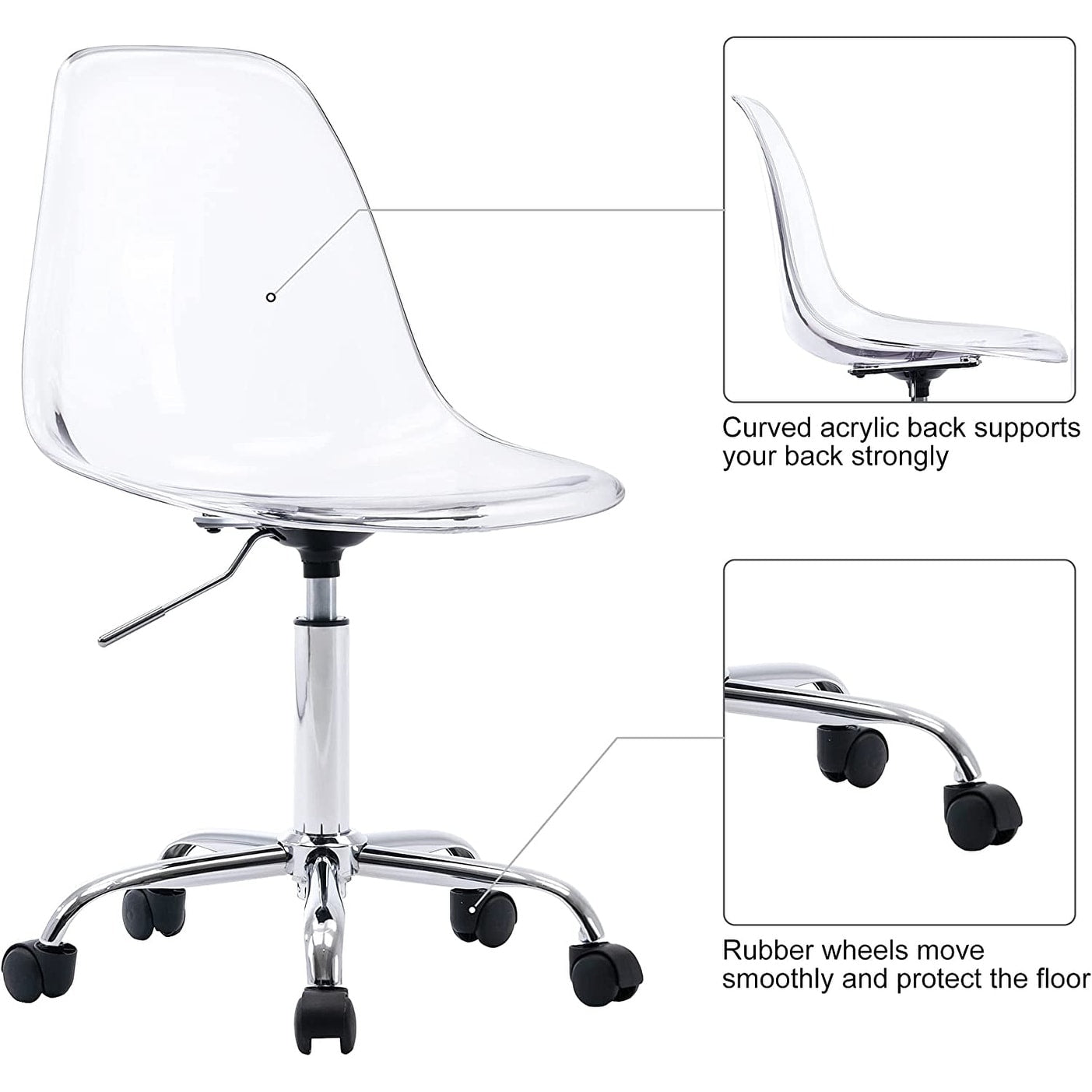 Chaise de bureau pivotante en acrylique, hauteur réglable, sans accoudoirs, sur roulettes, pour la maison.