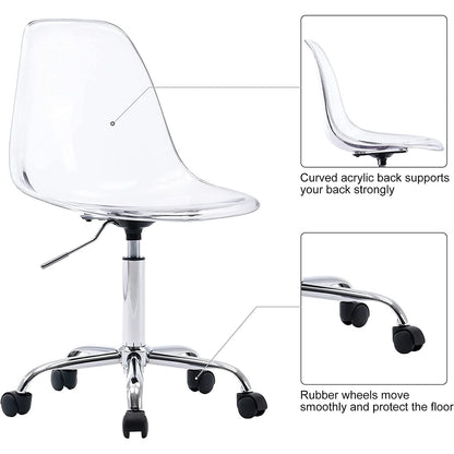 Chaise de bureau pivotante en acrylique, hauteur réglable, sans accoudoirs, sur roulettes, pour la maison.