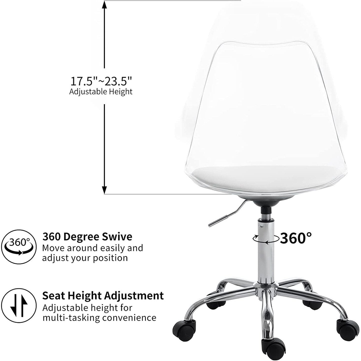 Chaise de bureau pivotante en acrylique, hauteur réglable, sans accoudoirs, sur roulettes, pour la maison.
