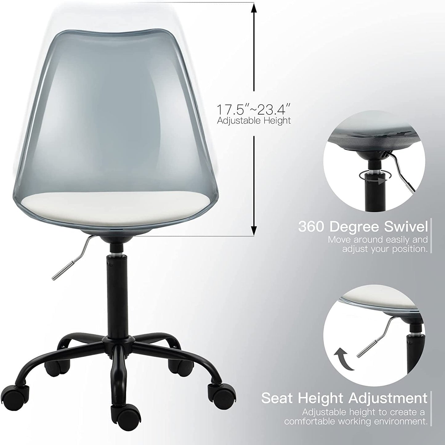 Chaise de bureau pivotante en acrylique, hauteur réglable, sans accoudoirs, sur roulettes, pour la maison.