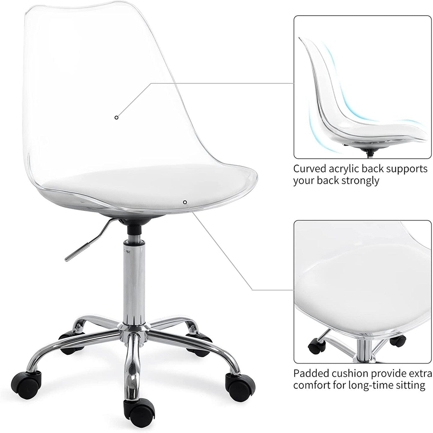 Chaise de bureau pivotante en acrylique, hauteur réglable, sans accoudoirs, sur roulettes, pour la maison.