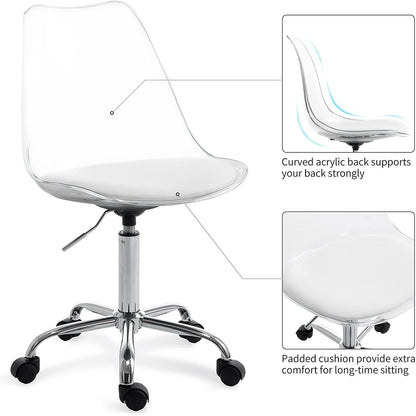 Chaise de bureau pivotante en acrylique, hauteur réglable, sans accoudoirs, sur roulettes, pour la maison.