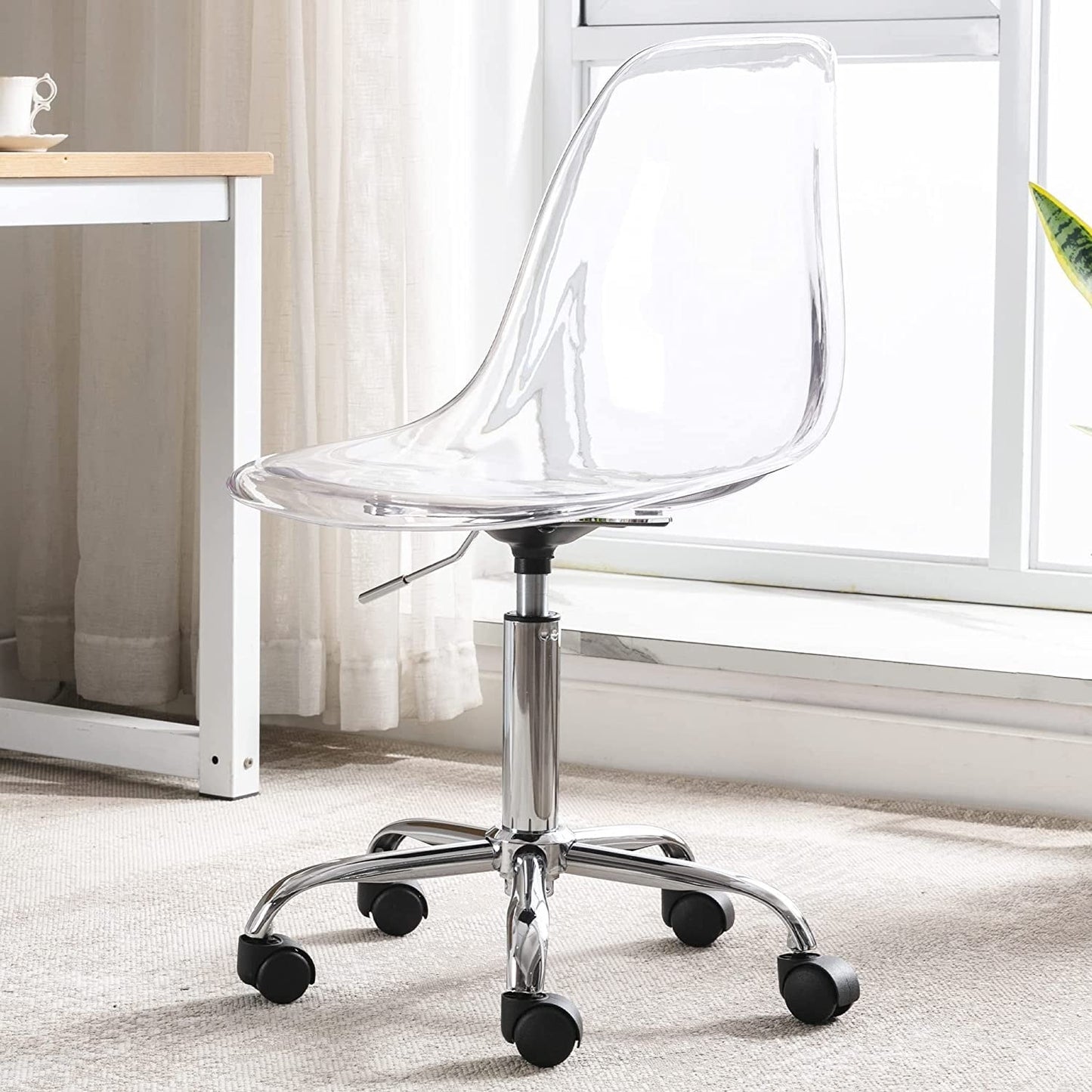 Chaise de bureau pivotante en acrylique, hauteur réglable, sans accoudoirs, sur roulettes, pour la maison.