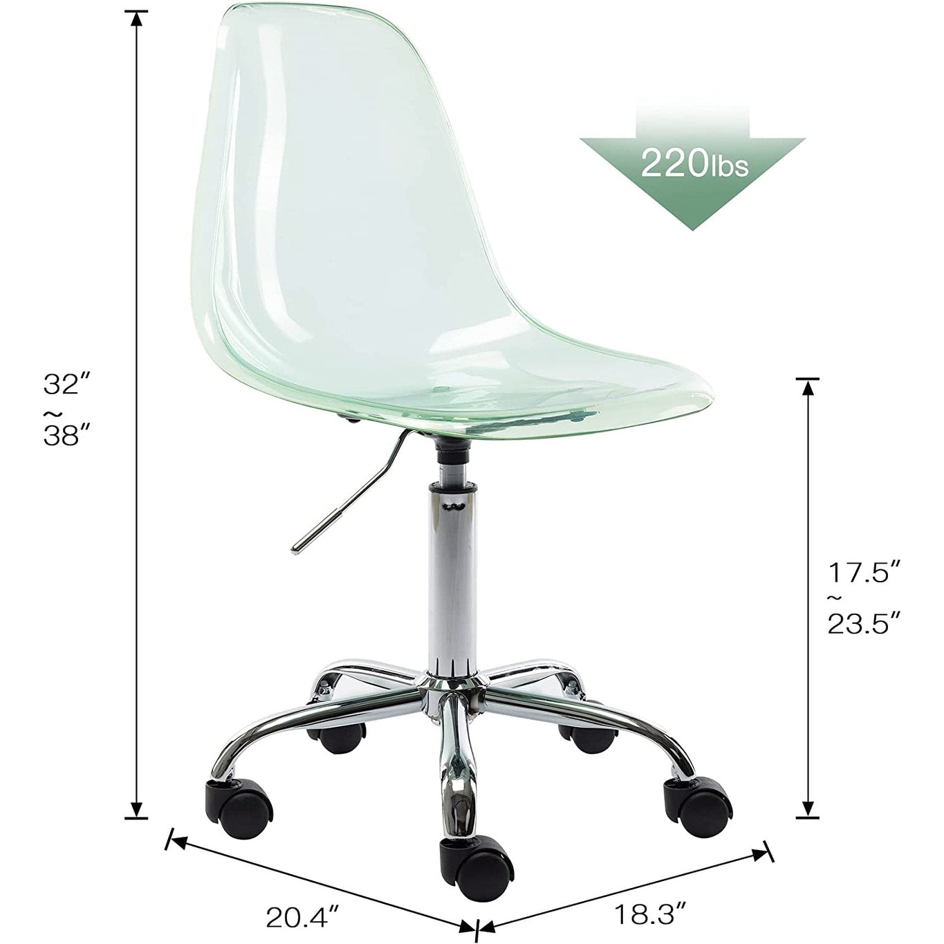 Chaise de bureau pivotante en acrylique, hauteur réglable, sans accoudoirs, sur roulettes, pour la maison.