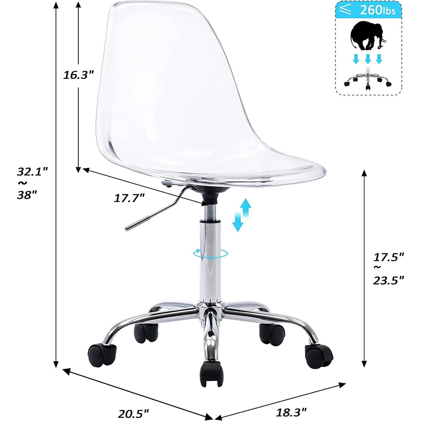 Chaise de bureau pivotante en acrylique, hauteur réglable, sans accoudoirs, sur roulettes, pour la maison.