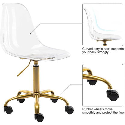 Chaise de bureau pivotante en acrylique, hauteur réglable, sans accoudoirs, sur roulettes, pour la maison.