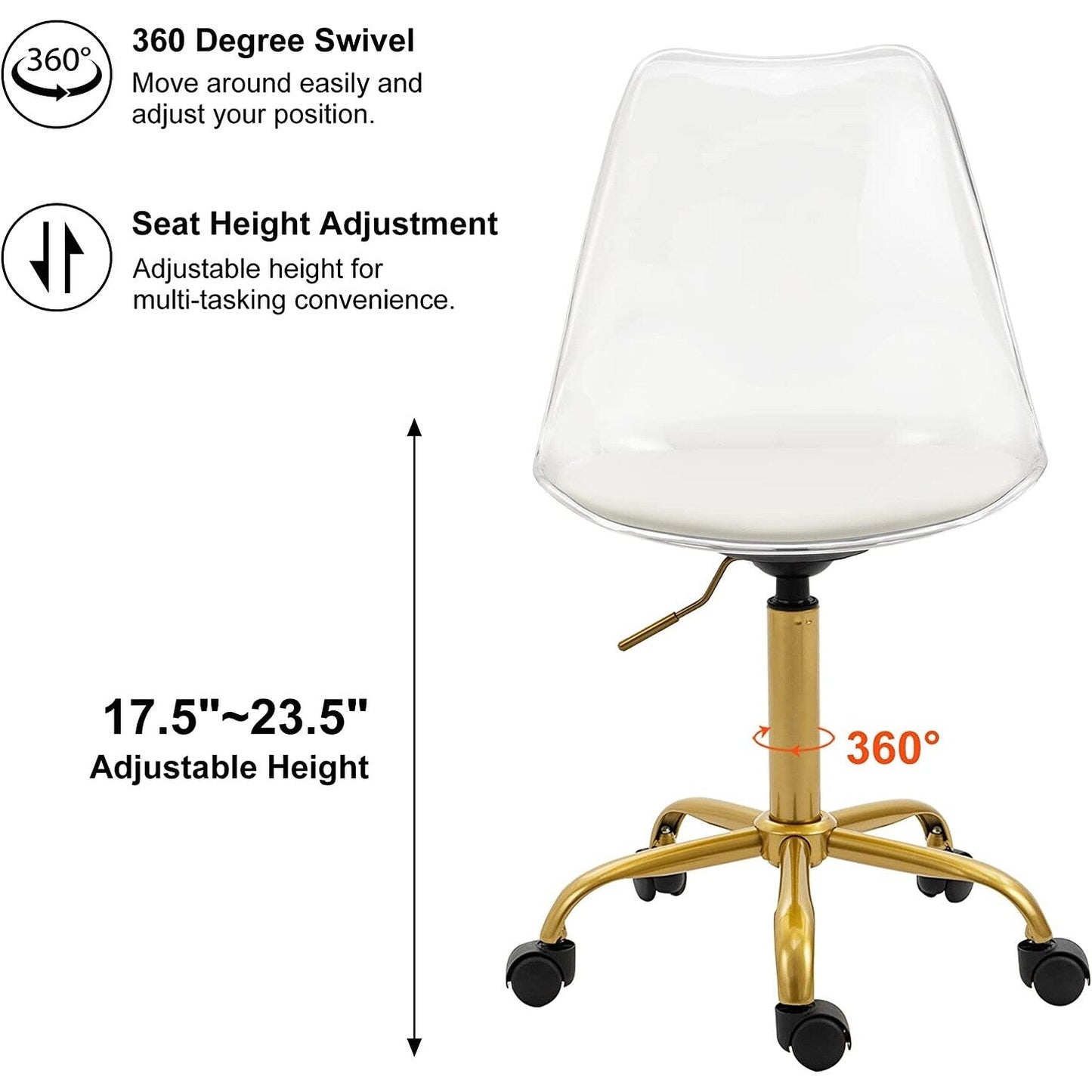 Chaise de bureau pivotante en acrylique, hauteur réglable, sans accoudoirs, sur roulettes, pour la maison.