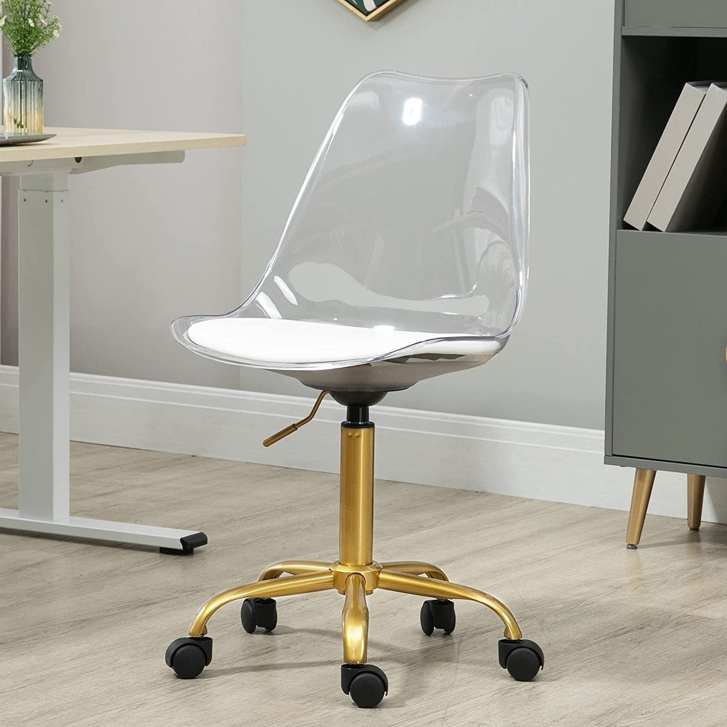 Chaise de bureau pivotante en acrylique, hauteur réglable, sans accoudoirs, sur roulettes, pour la maison.
