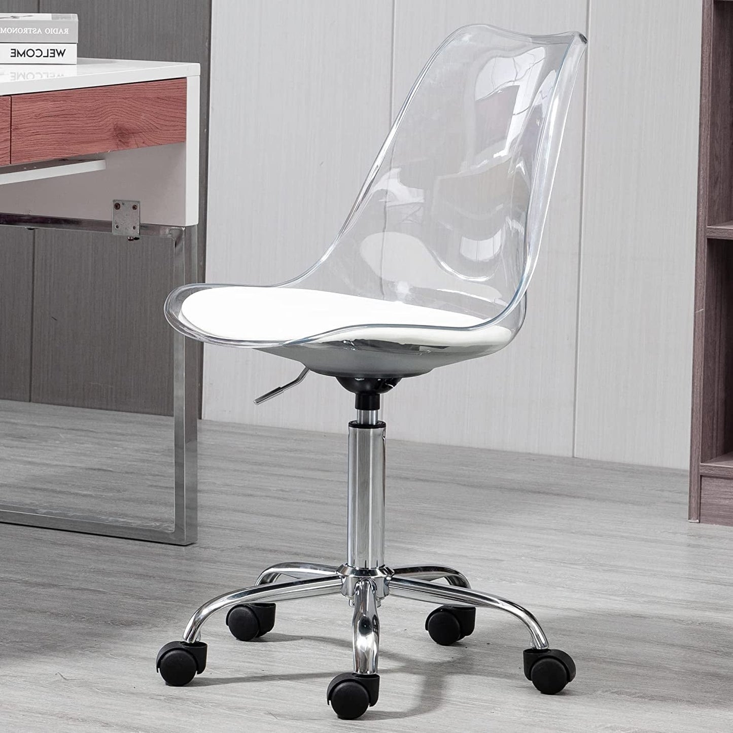 Chaise de bureau pivotante en acrylique, hauteur réglable, sans accoudoirs, sur roulettes, pour la maison.