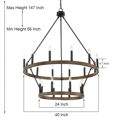 Suspension Acroma à 20 lumières, style ferme moderne, en forme de roue de charrette ronde de 40 pouces, avec certification UL