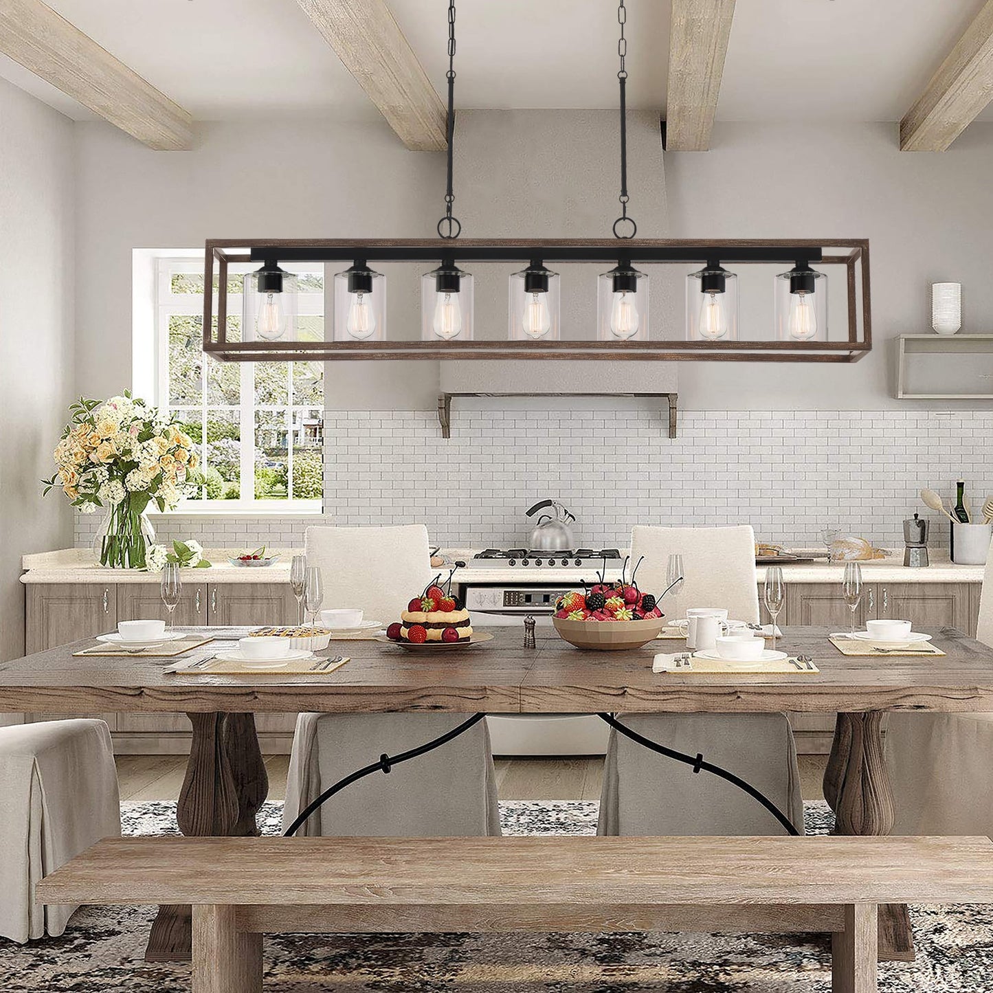 Suspension rectangulaire à 7 lumières Allegray de 52 pouces, style farmhouse, pour îlot de cuisine