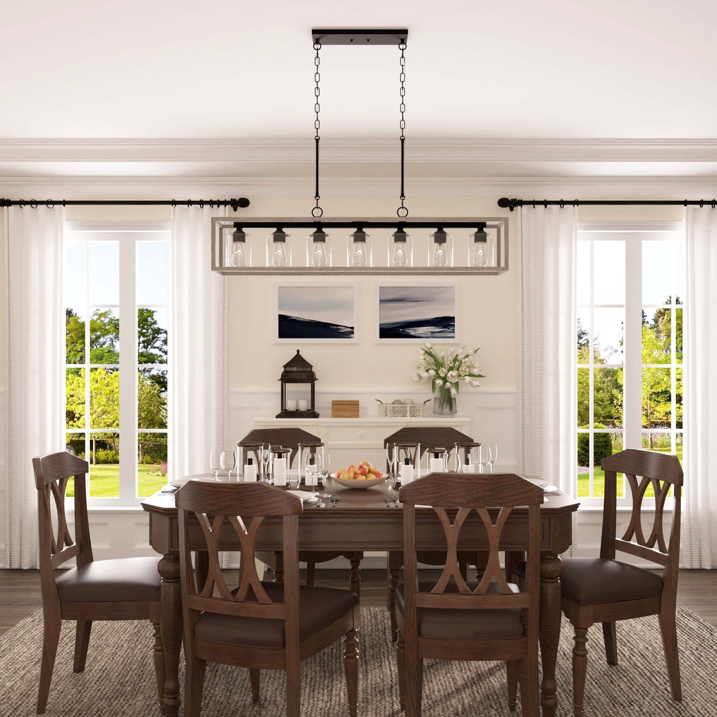 Suspension rectangulaire à 7 lumières Allegray de 52 pouces, style farmhouse, pour îlot de cuisine