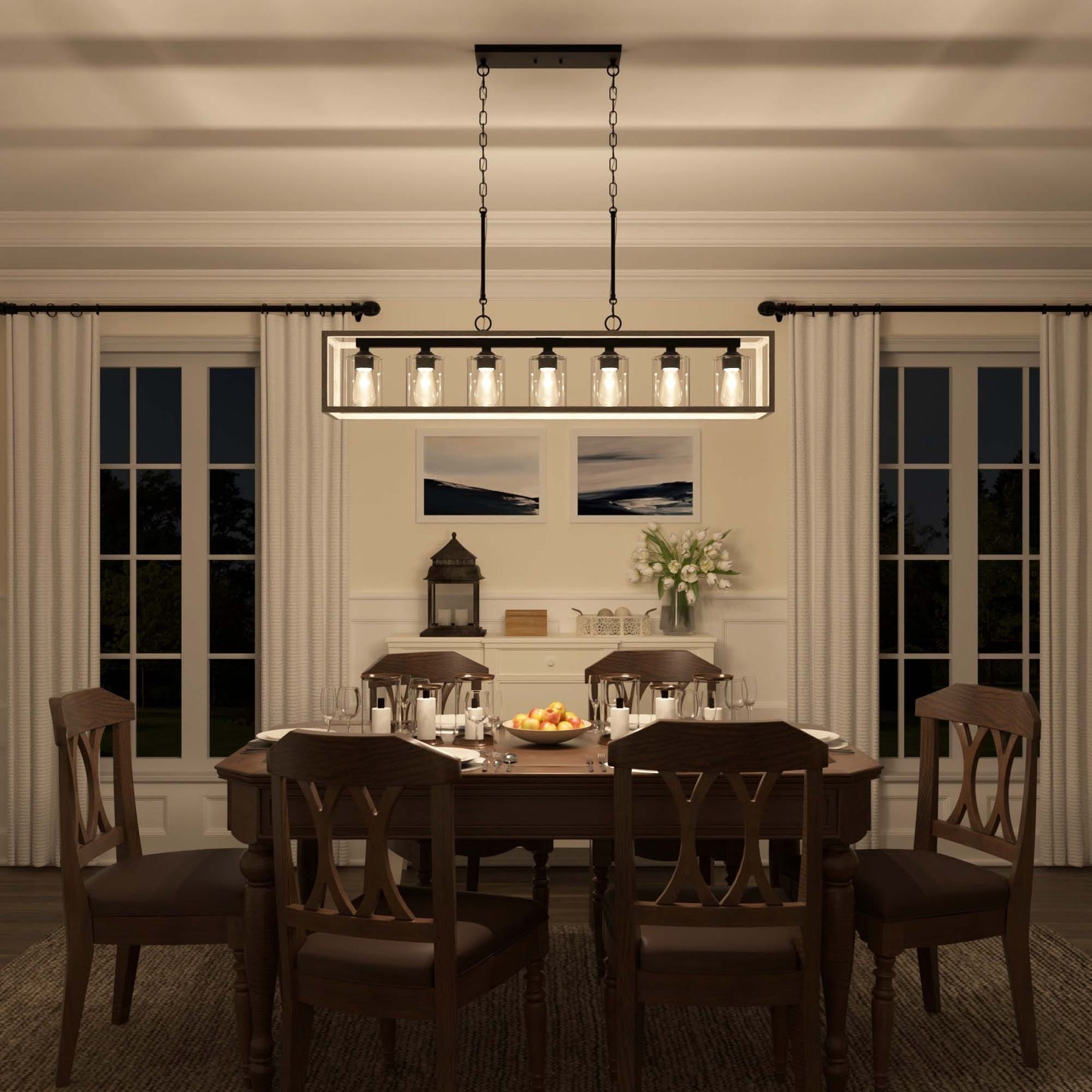 Suspension rectangulaire à 7 lumières Allegray de 52 pouces, style farmhouse, pour îlot de cuisine