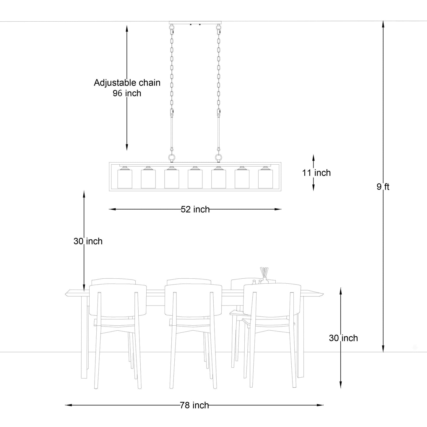 Suspension rectangulaire à 7 lumières Allegray de 52 pouces, style farmhouse, pour îlot de cuisine