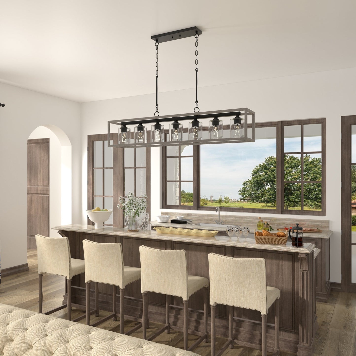 Suspension rectangulaire à 7 lumières Allegray de 52 pouces, style farmhouse, pour îlot de cuisine