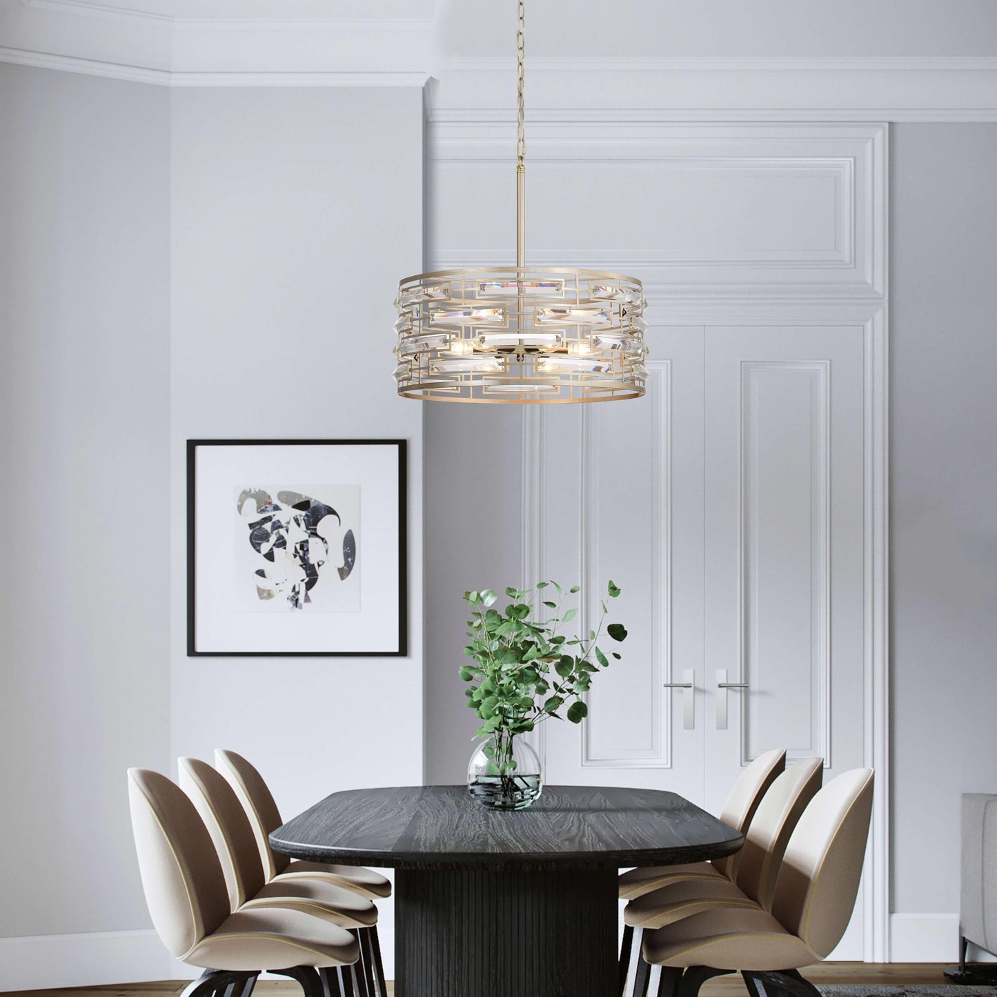 Suspension Anita avec abat-jour tambour et prismes en verre transparent