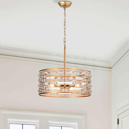Suspension Anita avec abat-jour tambour et prismes en verre transparent