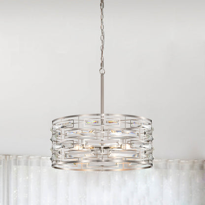 Suspension Anita avec abat-jour tambour et prismes en verre transparent