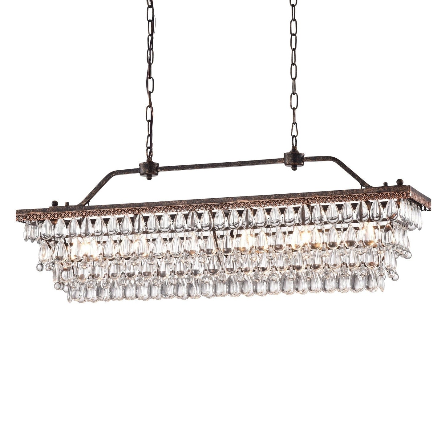 Suspension rectangulaire pour îlot de cuisine à 6 lumières en bronze antique avec cristaux - Bronze antique