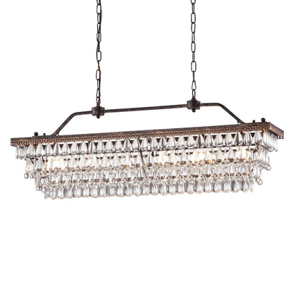 Suspension rectangulaire pour îlot de cuisine à 6 lumières en bronze antique avec cristaux - Bronze antique