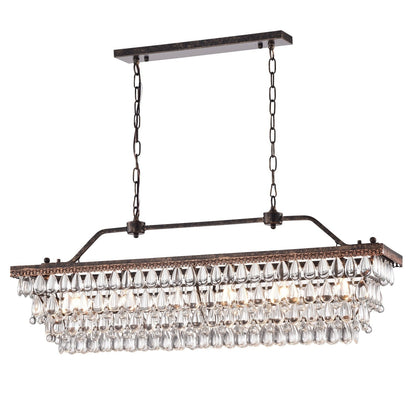 Suspension rectangulaire pour îlot de cuisine à 6 lumières en bronze antique avec cristaux - Bronze antique