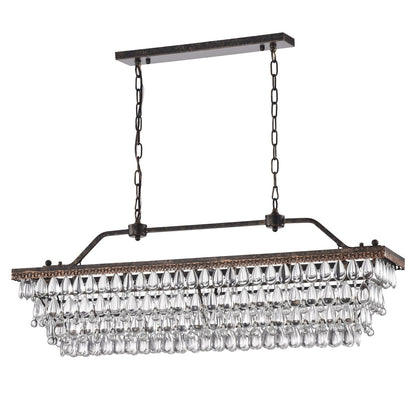 Suspension rectangulaire pour îlot de cuisine à 6 lumières en bronze antique avec cristaux - Bronze antique