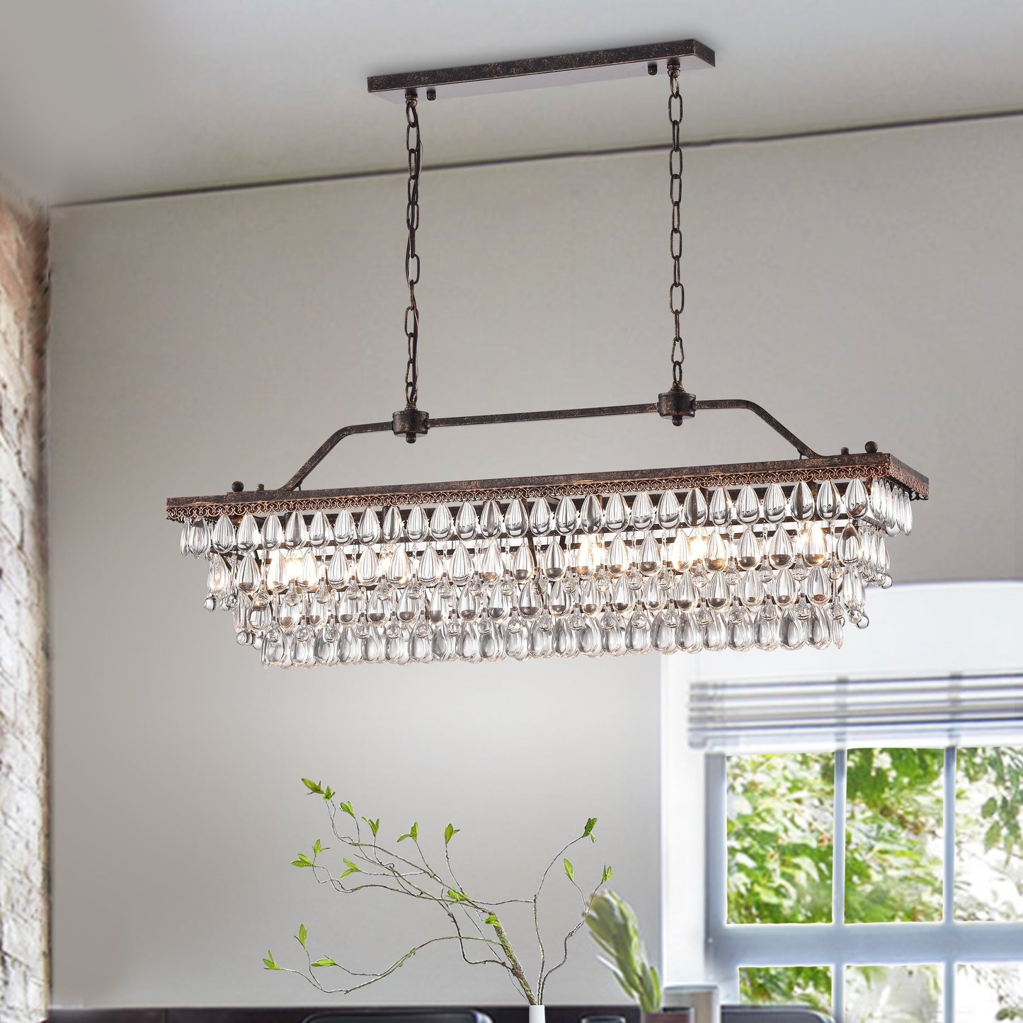 Suspension rectangulaire pour îlot de cuisine à 6 lumières en bronze antique avec cristaux - Bronze antique