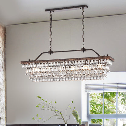 Suspension rectangulaire pour îlot de cuisine à 6 lumières en bronze antique avec cristaux - Bronze antique