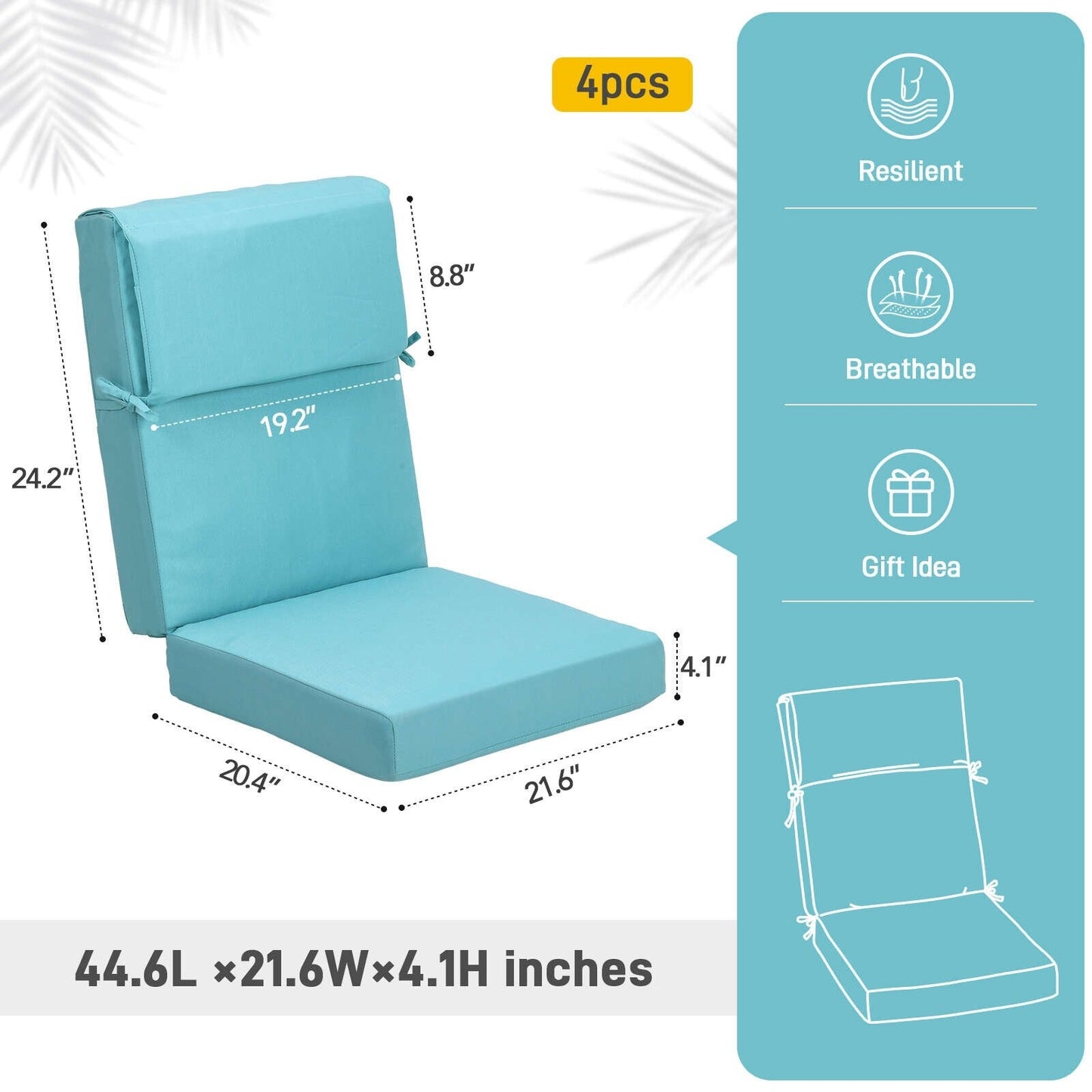 Aoodor Lot de 4 coussins pour chaises de jardin à dossier haut, 46x21x4 pouces (coussins uniquement)