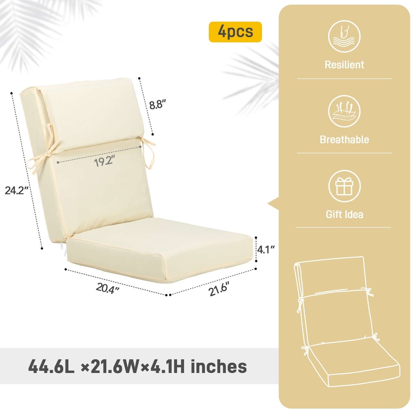 Aoodor Lot de 4 coussins pour chaises de jardin à dossier haut, 46x21x4 pouces (coussins uniquement)
