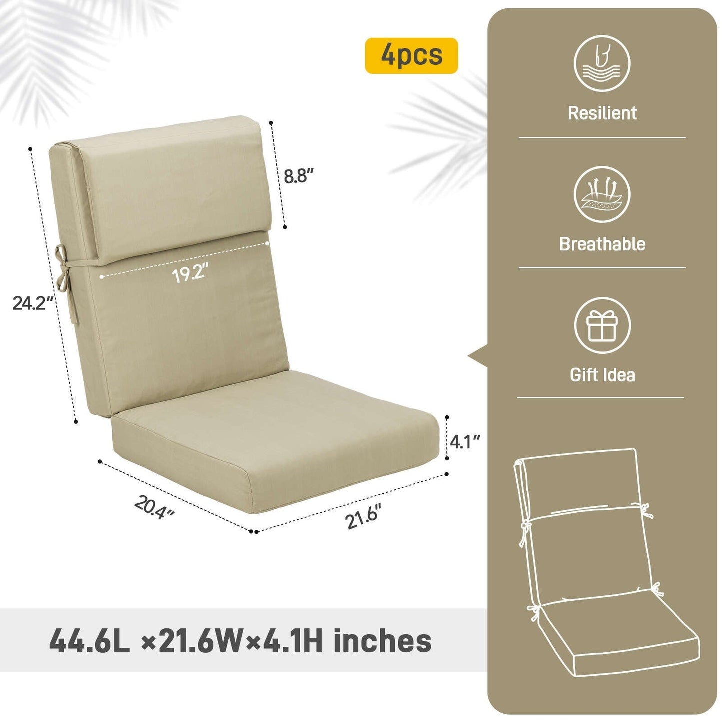 Aoodor Lot de 4 coussins pour chaises de jardin à dossier haut, 46x21x4 pouces (coussins uniquement)