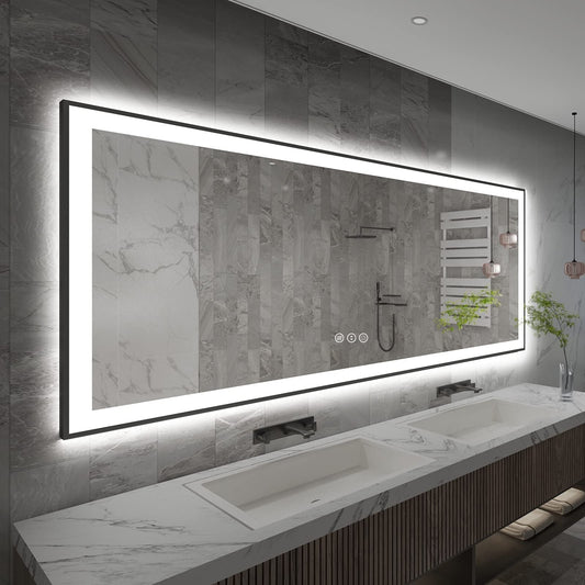 Grand miroir de salle de bain à cadre en verre trempé, avec éclairage LED avant et arrière, anti-buée.