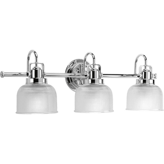 Applique murale de salle de bain Archie Collection à trois lumières, chrome poli, verre prismatique double transparent, style côtier - 8,75 x 26,25 x 7,25