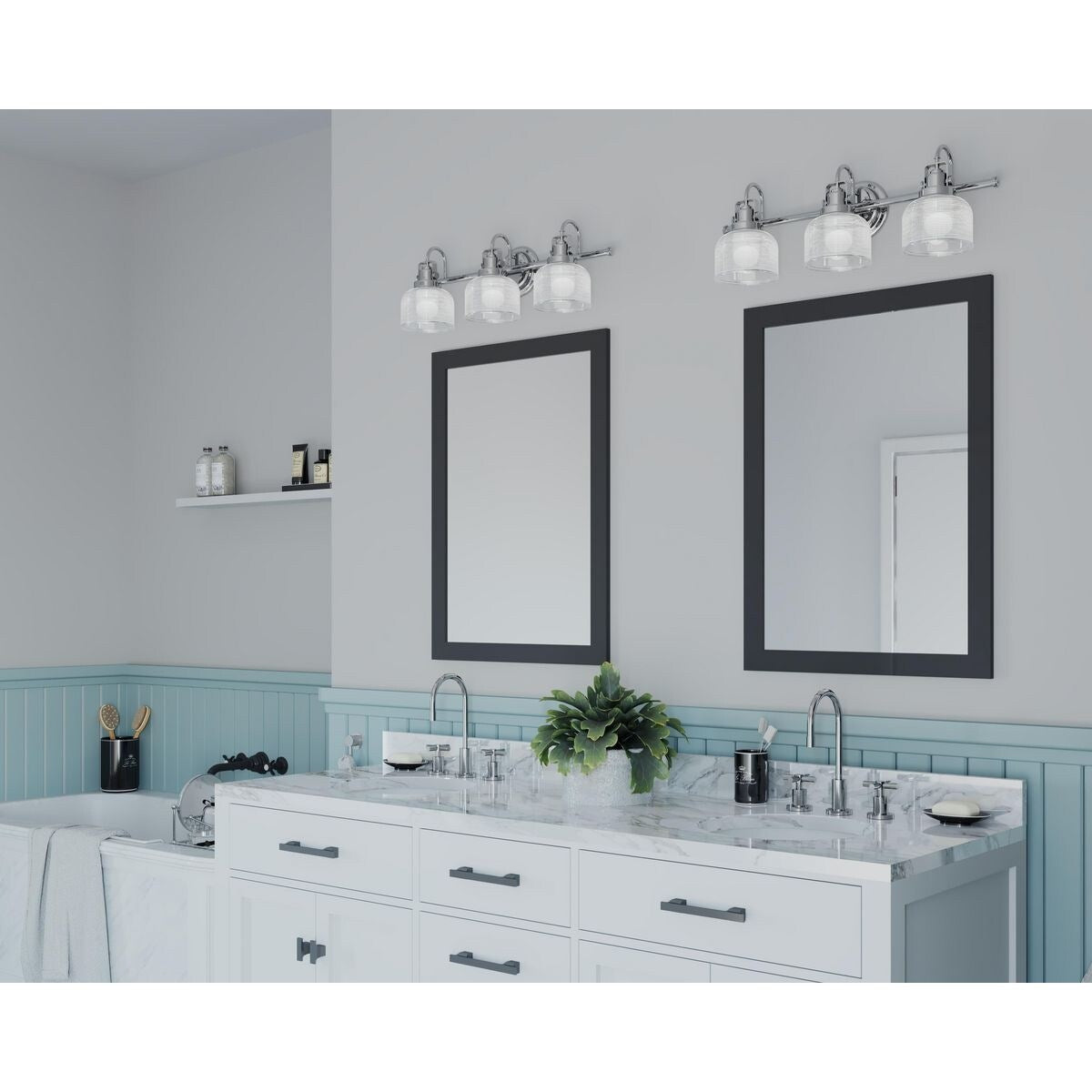 Applique murale de salle de bain Archie Collection à trois lumières, chrome poli, verre prismatique double transparent, style côtier - 8,75 x 26,25 x 7,25