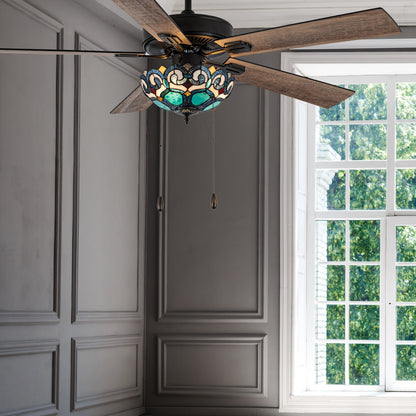 Ventilateur de plafond Astrid River of Goods à 3 pales, bronze huilé multicolore et verre teinté, 52 pouces - 52 x 52 x 14,75/19,75