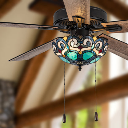 Ventilateur de plafond Astrid River of Goods à 3 pales, bronze huilé multicolore et verre teinté, 52 pouces - 52 x 52 x 14,75/19,75