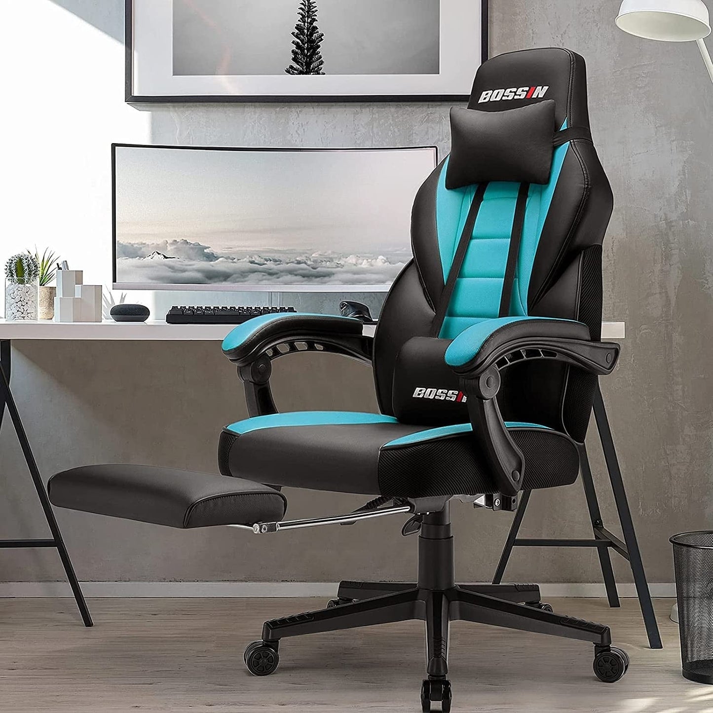 Chaise de jeu de style course BOSSIN, chaise de jeu pour joueurs grands et lourds (jusqu'à 136 kg), chaise de bureau à dossier haut.