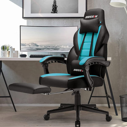 Chaise de jeu de style course BOSSIN, chaise de jeu pour joueurs grands et lourds (jusqu'à 136 kg), chaise de bureau à dossier haut.