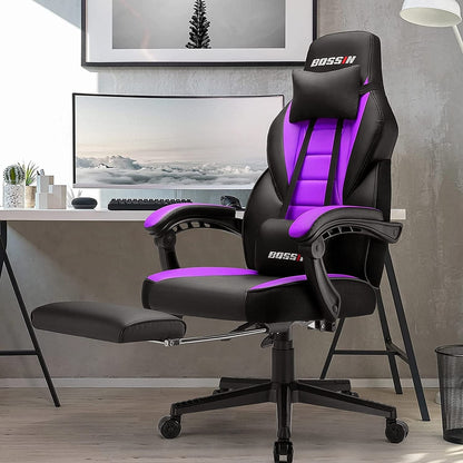 Chaise de jeu de style course BOSSIN, chaise de jeu pour joueurs grands et lourds (jusqu'à 136 kg), chaise de bureau à dossier haut.