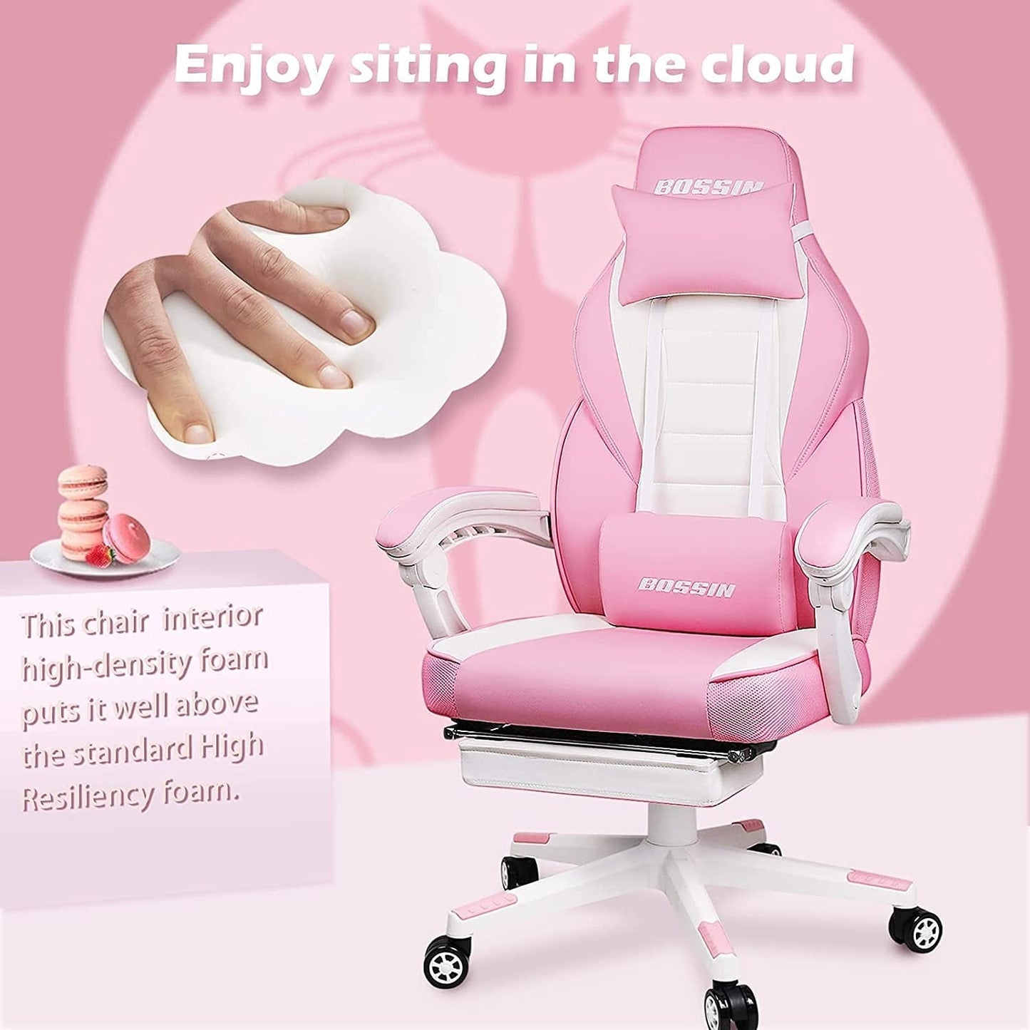 Chaise de jeu de style course BOSSIN, chaise de jeu pour joueurs grands et lourds (jusqu'à 136 kg), chaise de bureau à dossier haut.