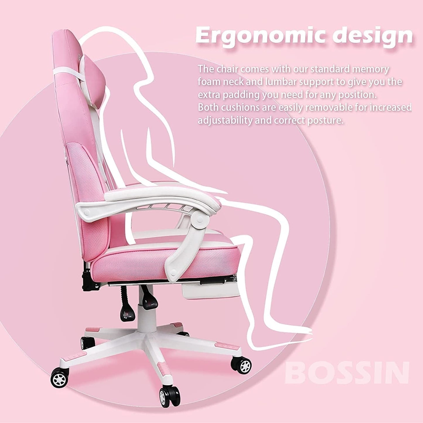 Chaise de jeu de style course BOSSIN, chaise de jeu pour joueurs grands et lourds (jusqu'à 136 kg), chaise de bureau à dossier haut.
