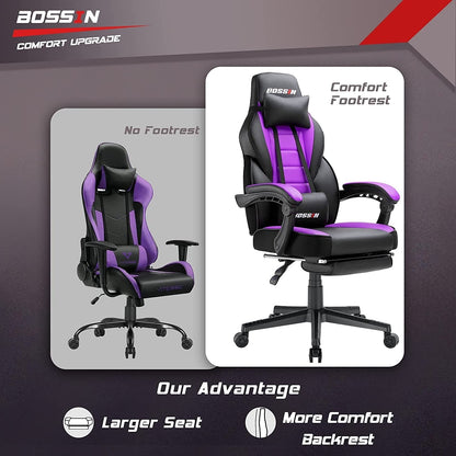 Chaise de jeu de style course BOSSIN, chaise de jeu pour joueurs grands et lourds (jusqu'à 136 kg), chaise de bureau à dossier haut.